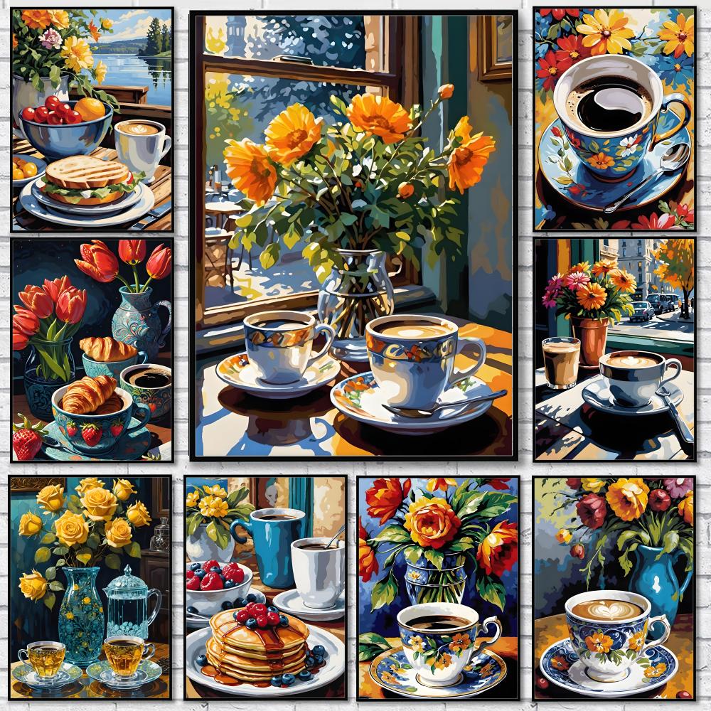 Wallpaper Coffee And Tea - Plakat Naklejka Samoprzylepna z Motywem Popołudniowej