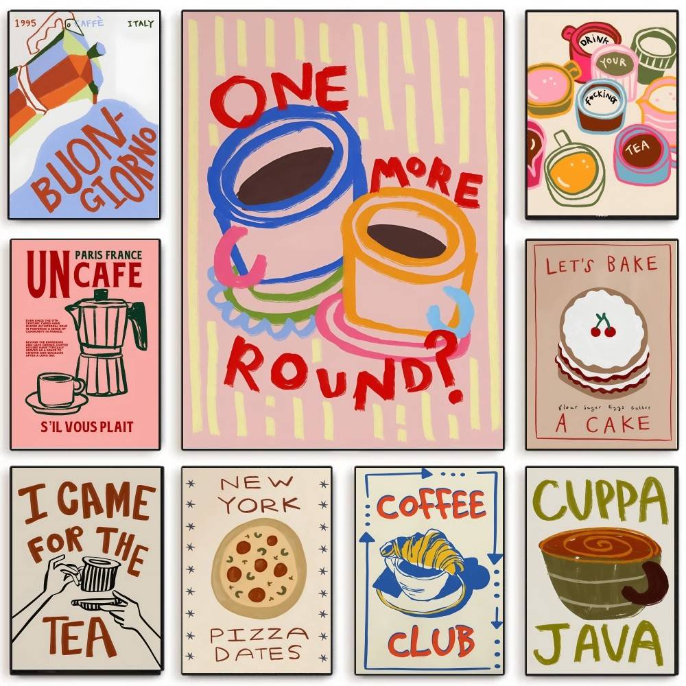 Wallpaper Coffee And Tea - Kawiarnia Popołudniowa Herbatka Croissant Kolorowy Plakat