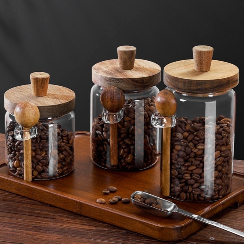 ABJI - Szklane słoiki z drewni – Coffee Tea And Sugar Canister Set recenzja i cena